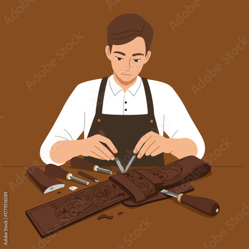 A craftsperson with tools is working on a leather piece with floral patterns, at a brown table