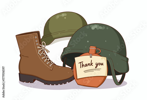 Illustration of Military Essentials: Helmets, Combat Boot, and Canteen with Thank You Note Expressing Gratitude to Armed Forces for Their Service