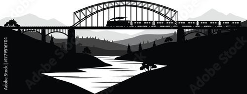 Silhouette train crossing arched bridge over river with mountains, train, railway, bridge, river, mountains, landscape, silhouette, black and white, vintage, steam engine, transportation, travel, jour
