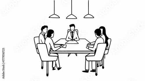 Diverse business professionals gather around a conference table for a meeting under modern pendant lights