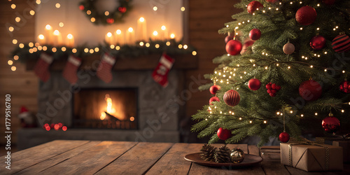 Warm Christmas holiday scene with a decorated Christmas tree in the foreground, red ornaments and lights, wooden table surface in front, and a cozy fireplace with stockings hanging in the blurred back