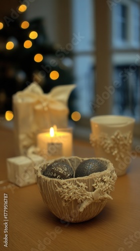 Cozy living room adorned with Christmas decorations featuring candles ornaments and gifts in a warm and inviting atmosphere during the festive season