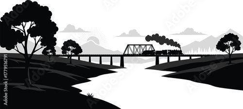 Steam train crossing bridge over river at sunrise locomotive, train, steam train, locomotive, bridge, railway, river, water, landscape, nature, sunrise, sun, mountains, trees, silhouette, black and wh