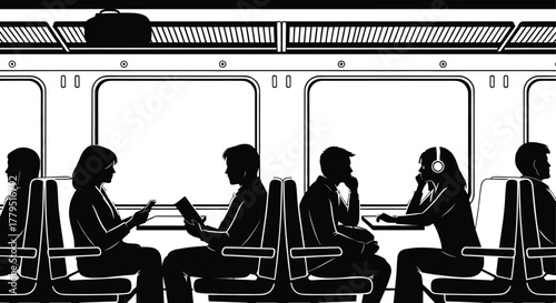 Silhouettes of people traveling in a train interior, train, interior, travel, transportation, passenger, silhouette, people, sitting, window, luggage, commuting, journey, public transport, black and w