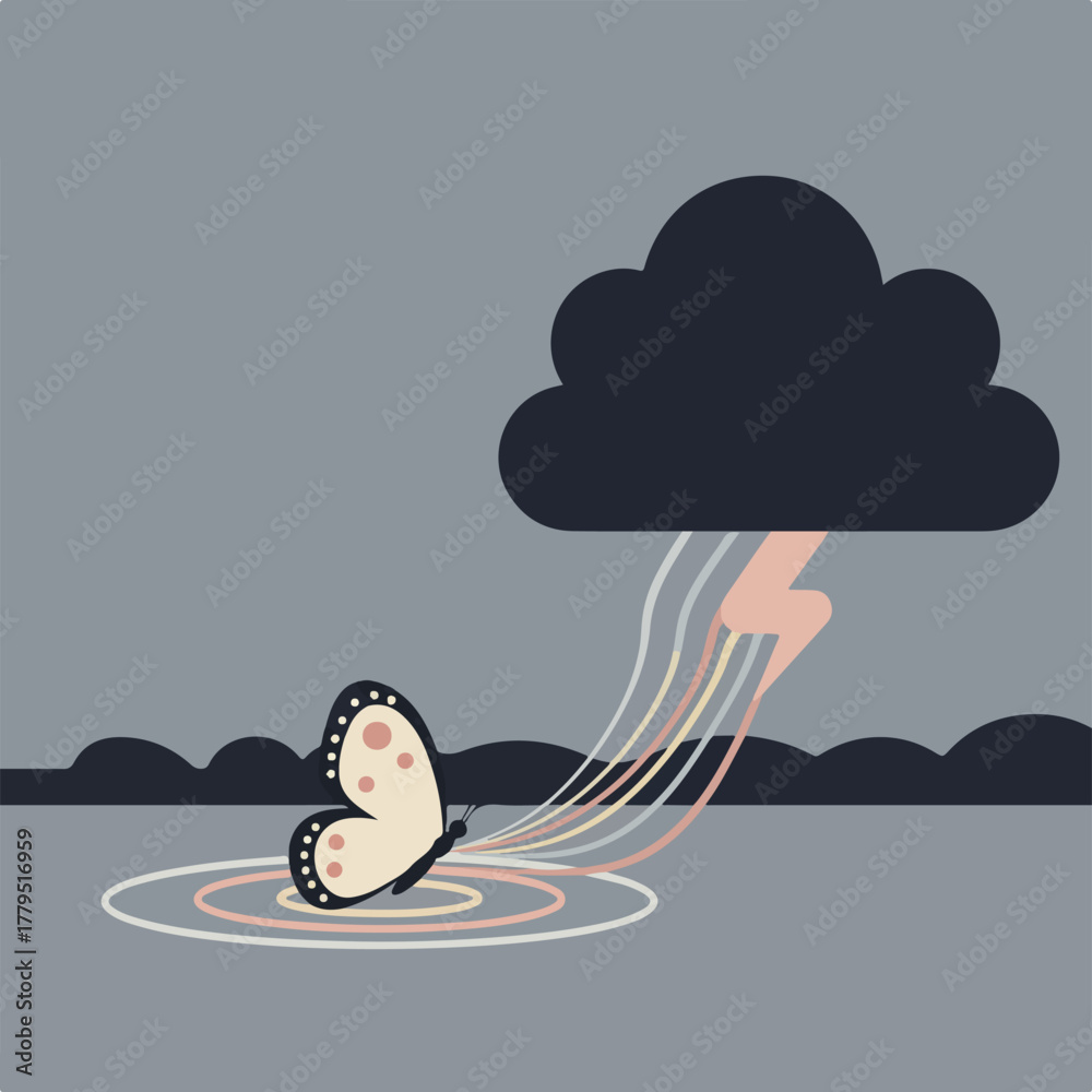 Obraz premium A butterfly sits within pastel rings as rain falls from a cloud with lightning, creating rainbow lines