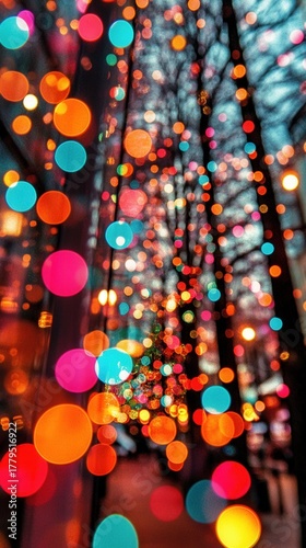 Colorful Christmas lights shine brightly against a deep black backdrop creating a festive atmosphere in the city during the holiday season