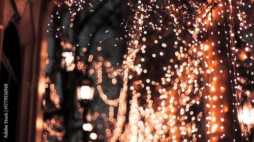 Garland lights create a magical atmosphere with blurred background circles during a night stroll in an enchanting setting