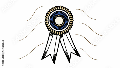 Hand drawn illustration of a blue and gold rosette ribbon award with flowing streamers on a white background