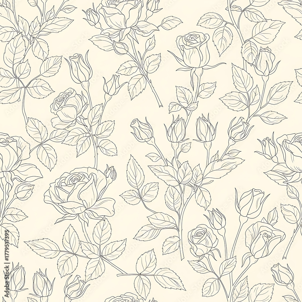 Fototapeta premium Seamless pattern of delicate rose outlines on a cream background, vintage floral illustration