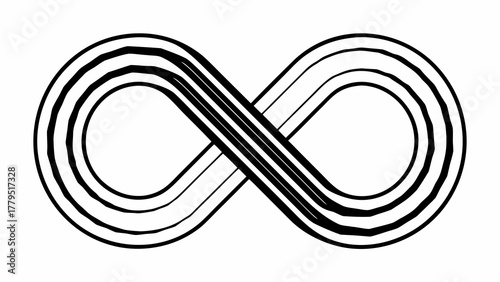 Abstract black and white infinity symbol with multiple parallel lines creating a sense of continuous motion
