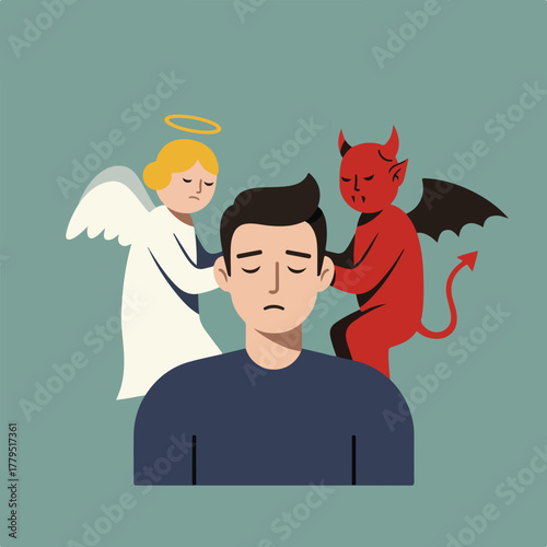 Illustration shows a person between an angel and a devil, representing a moral conflict