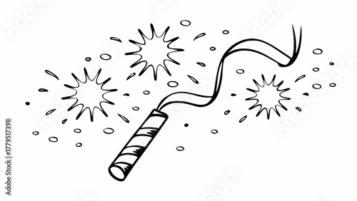 Hand drawn sketch of a party popper exploding with confetti and streamers against a white background