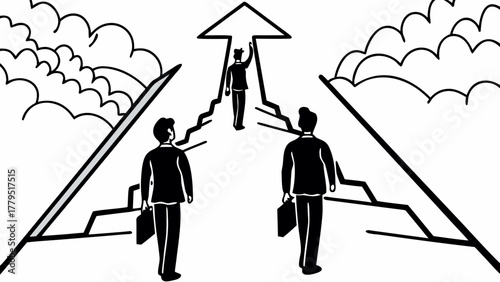 Businessman reaching for the sky on a cracked path while others follow a different direction