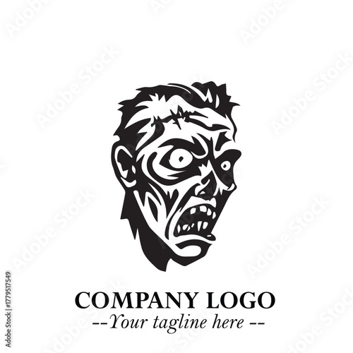 Head of Zombie Logo Symbol in Black on the White Background with Horror Minimal Vector Design