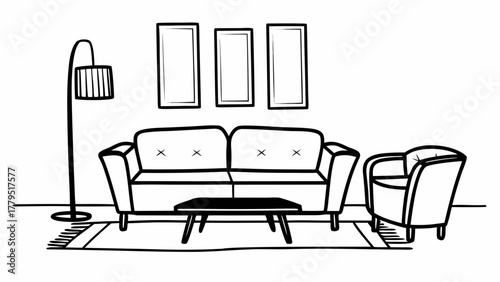 Minimalist line drawing of a modern living room with a sofa armchair coffee table rug and floor lamp