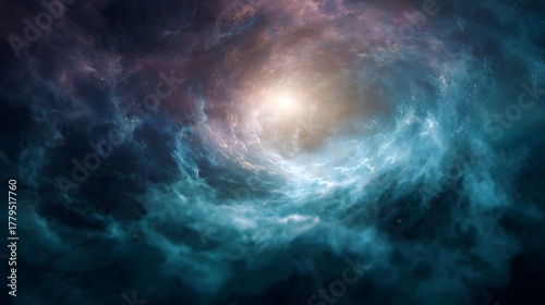 Fototapeta Naklejka Na Ścianę i Meble -  A vivid cosmic nebula swirls with bright central light evoking a sense of wonder and the vastness of space