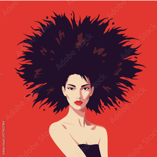 A graphic portrait of a woman with dramatic, voluminous dark hair on a red background. Simple design