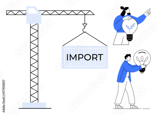 Crane hoists an IMPORT container, while two people hold light bulbs symbolizing innovation and progress. Ideal for trade, business, logistics, innovation, teamwork, global connections, simple flat