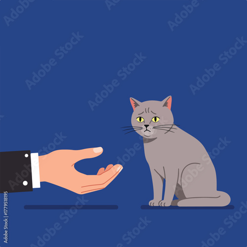 Illustration of a gray cat sitting near a hand extended palm up, appearing hesitant. Background is a dark blue