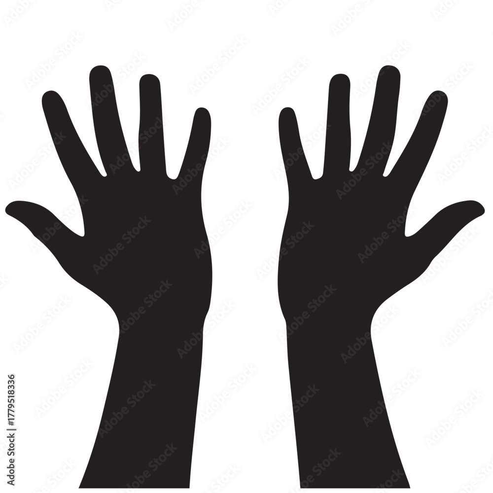Fototapeta premium Black Silhouettes of Two Hands Raised Upward on a White Background