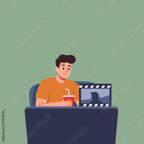 An illustration of a man with drink enjoying media. There is a film clapperboard in front of the laptop