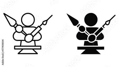 Stylized icon featuring a creative artist holding a paint brush and a sharp spear, representing art, skill, and innovation.