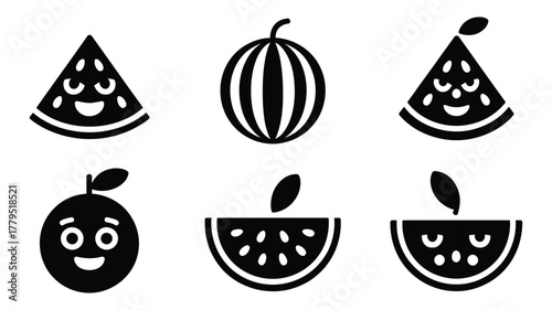 Whimsical fruit icons: happy watermelon slices, a full watermelon, and a cheerful orange character design.