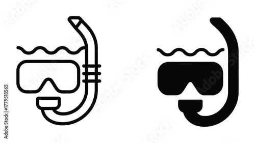 Snorkel and mask icon set with wave lines representing underwater exploration and summer water sports activity.