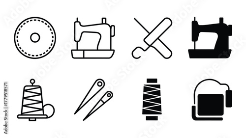 Collection of black and white line art and solid vector icons depicting essential sewing and tailoring tools and equipment.