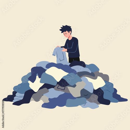 A person standing on a pile of clothes, choosing an item. Soft colors, neutral background. Flat illustration