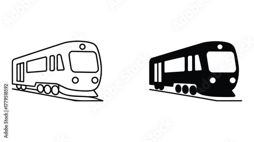 Modern passenger train icon set: detailed outline and solid black silhouette, perfect for digital design and apps.