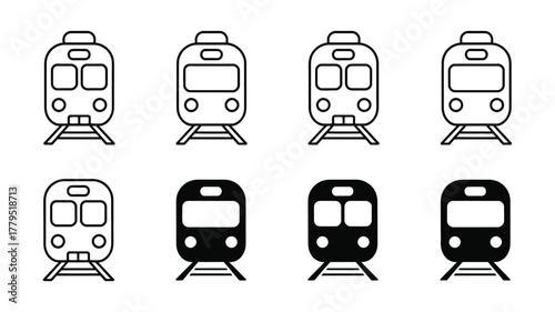 Collection of diverse train icons: modern subway and railway transportation symbols in line art and solid fill styles.