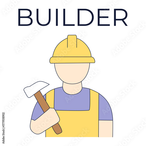 Flat vector illustration of a builder. An icon of a worker in overalls and a helmet with a hammer. A concept for various projects about construction, renovation, reliability, strength, progress