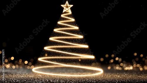Glowing spiral christmas tree with twinkling golden lights on sparkling background
