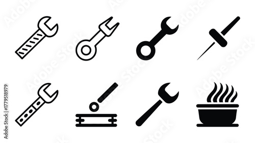 Versatile set of black and white line and solid icons featuring wrenches, dropper, hot bowl, and other tools.