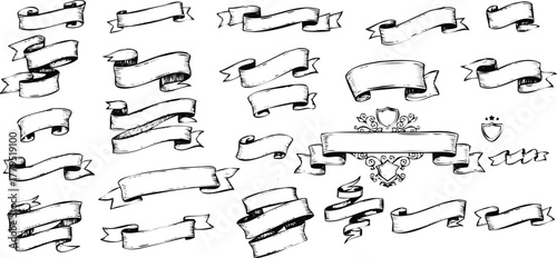 An engraving art style illustration collection of handdrawn banners and ribbons with shields and crests