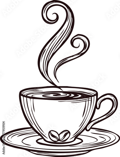 An engraving art style illustration steaming cup of hot coffee with a saucer and coffee beans, , ideal for cafe and beverage concepts