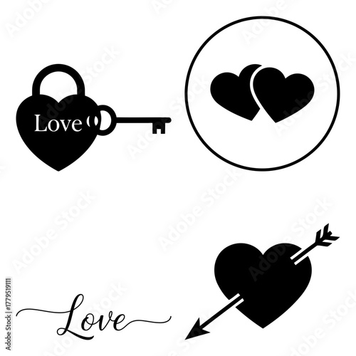 Collection of love themed vector designs with heart, key, arrow and love text