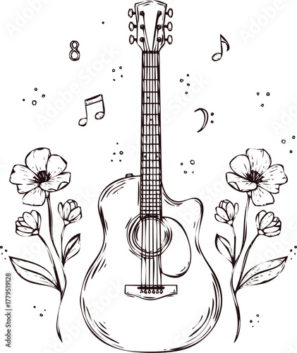 An engraving art style illustration acoustic guitar with flowers and musical notes
