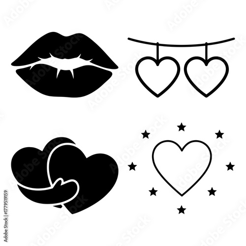 Collection of love themed vector designs with heart, lips and hugging