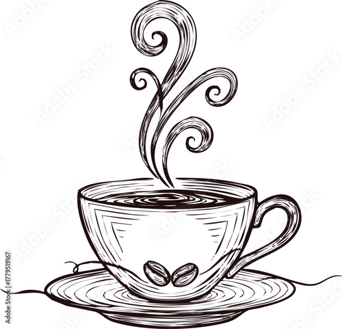An engraving art style illustration steaming cup of coffee with coffee beans