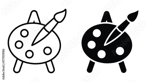 Art palette and paintbrush icon set. creative artistic tools symbol. artist's supplies illustration. outline and solid styles.