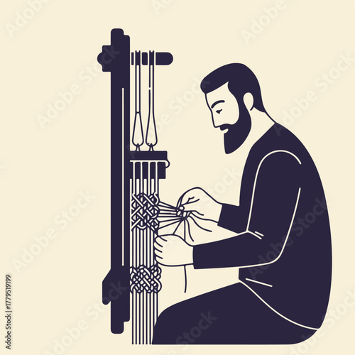 A bearded man weaves on a loom, intricate knots are formed in a simplified line art style