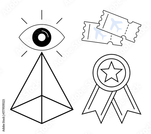 Eye atop pyramid symbolizing insight, airplane tickets for travel, and star-decorated ribbon for excellence. Ideal for vision, travel, success, goals, exploration recognition ambition. Simple flat