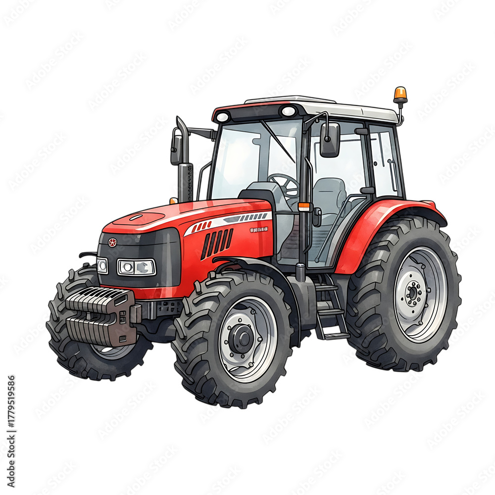 Obraz premium Red agricultural tractor with large tires and cab, cutout, PNG isolated on white or transparent background