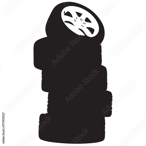 Graphic Silhouette of Stacked Vehicle Tires and Wheel