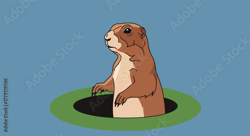 Cartoon groundhog peering from hole on blue background