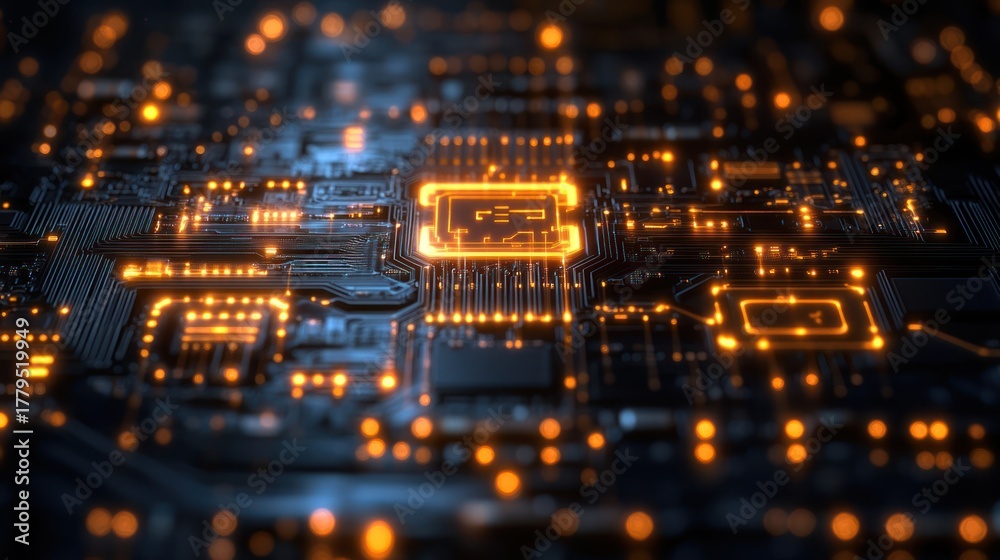 Obraz premium Circuit board with glowing components, technology, futuristic design, electronic chip
