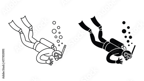 Scuba diver illustration featuring outline and solid silhouette, with snorkel, mask, fins, and tank, with bubbles.