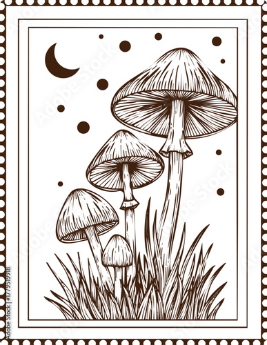 An engraving art style illustration vintage stamp illustration of mushrooms and moon